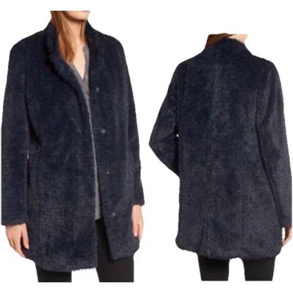 Kenneth Cole New York faux fur Teddy coat snaps closure size M Black - Picture 1 of 10